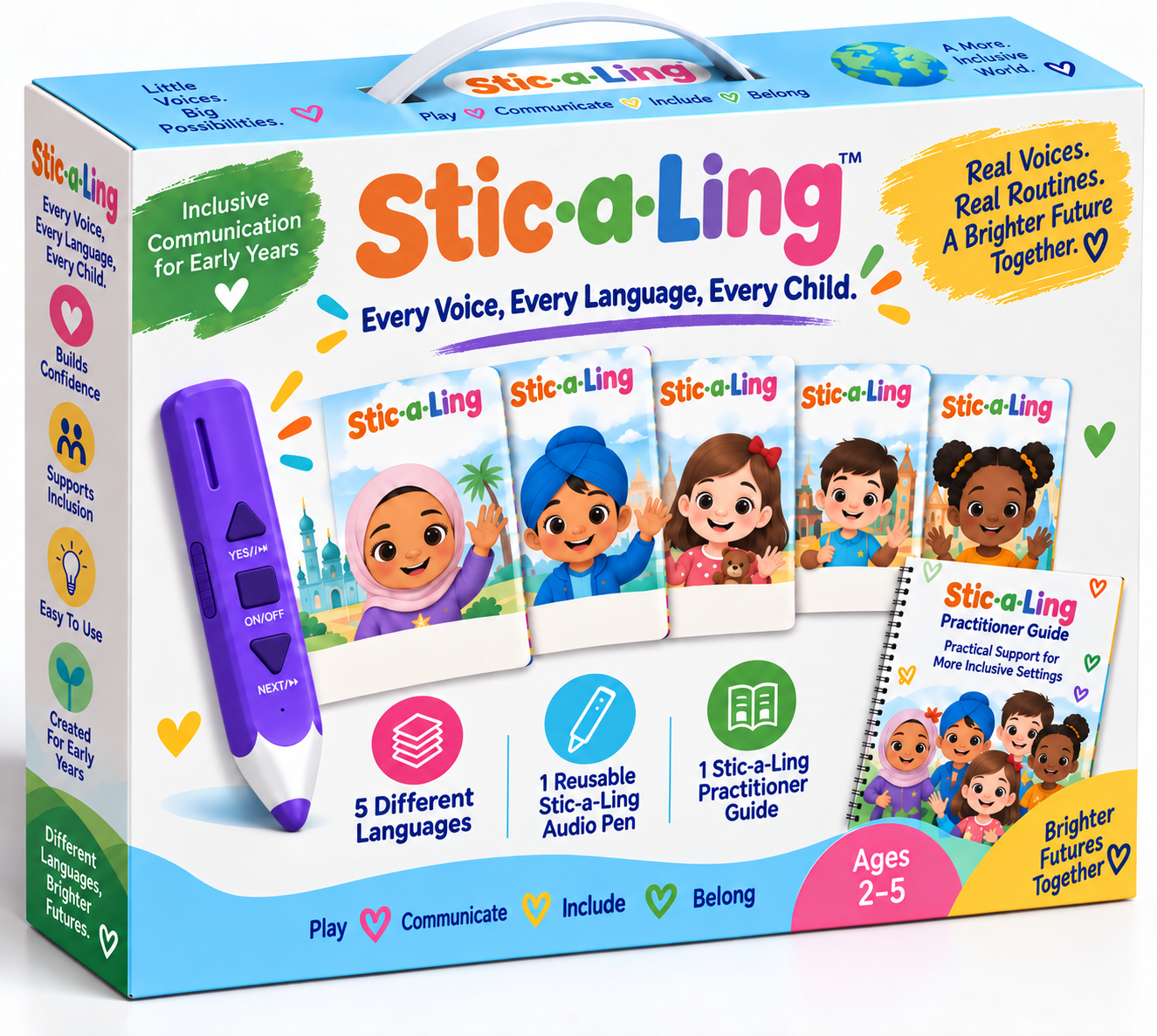 Stic-a-Ling starter-set box showing five different languages, one reusable audio pen and one practitioner guide